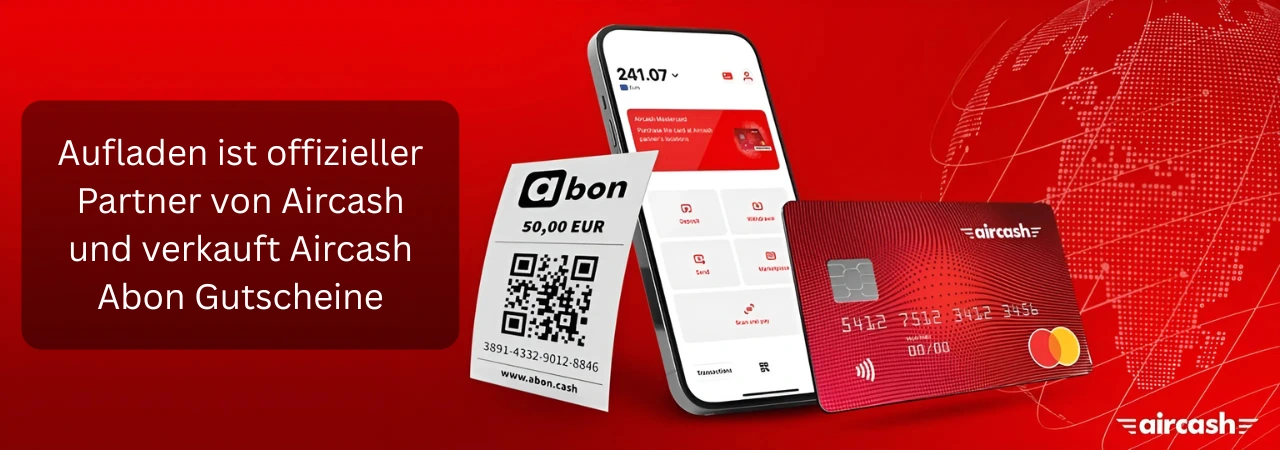 Banner: Aufladen ist offizieller Partner von Aircash und verkauft Aircash Abon Gutscheine, mit Smartphone, Abon Voucher und Aircash Karte auf rotem Hintergrund.