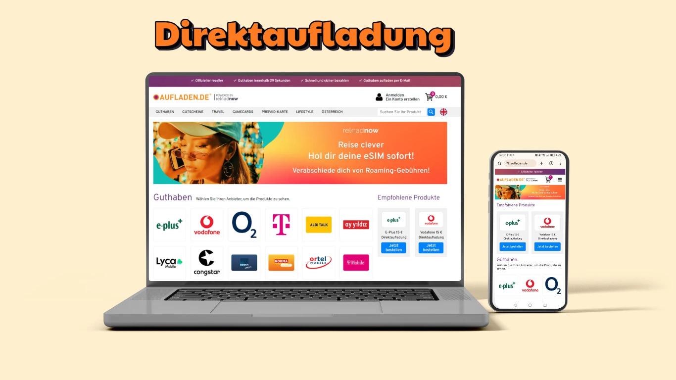 Schritt-für-Schritt-Anleitung zur Direktaufladung: Anbieter und Betrag wählen, Handynummer eingeben, bezahlen, fertig – mit Symbolen und Fingerzeig